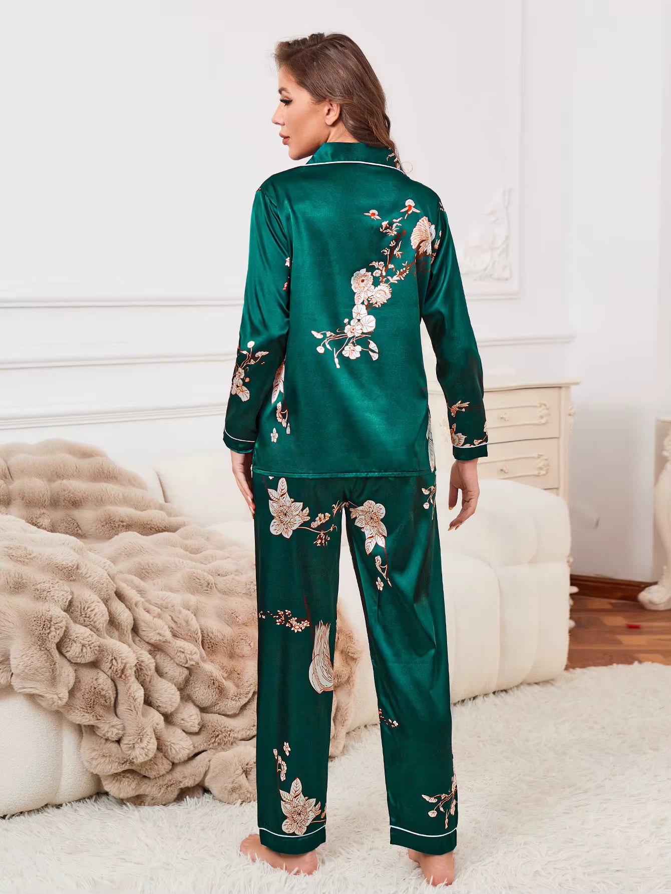 Green Floral Print Satin Pajama luxury