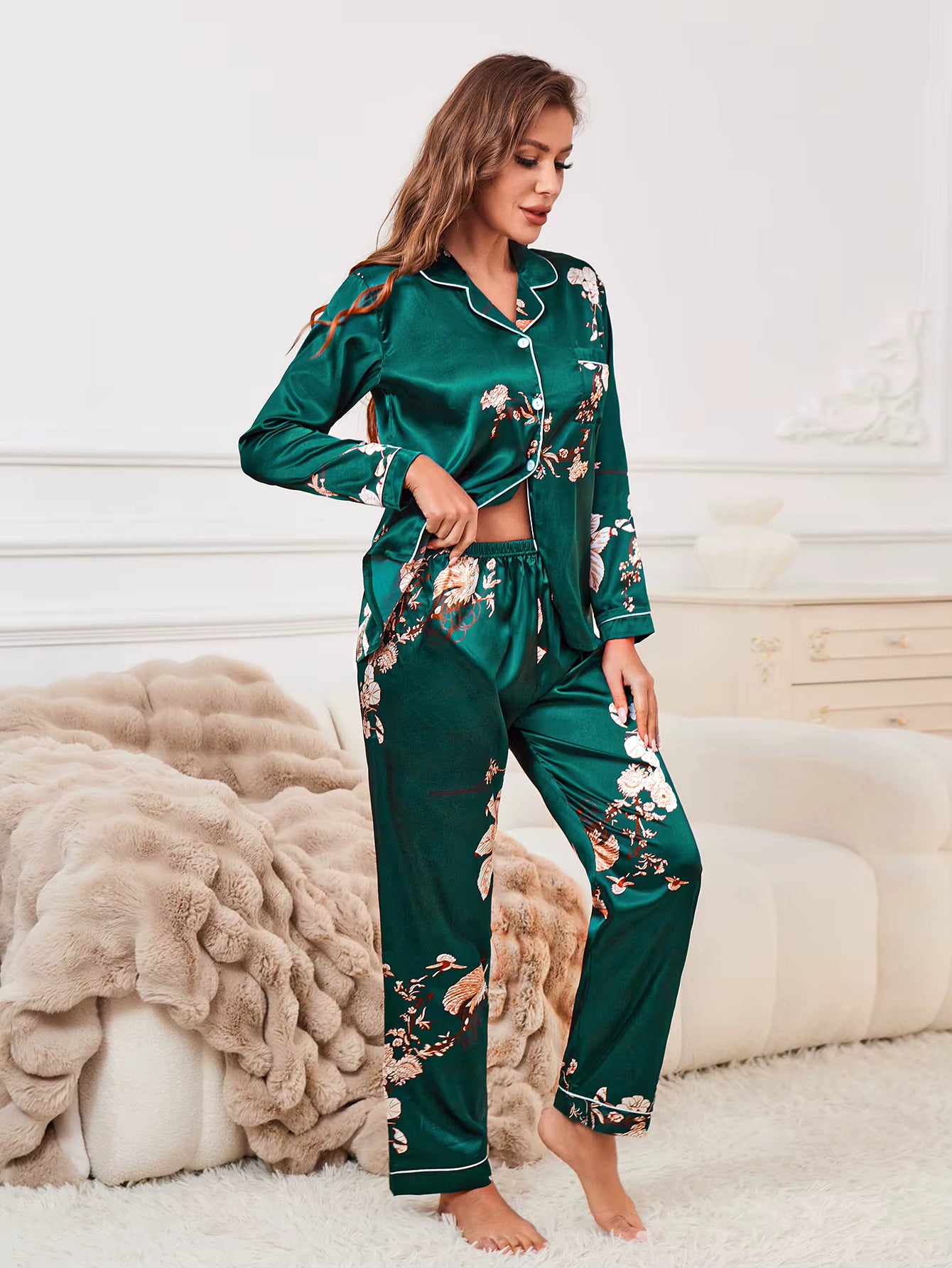Green Floral Print Satin Pajama luxury