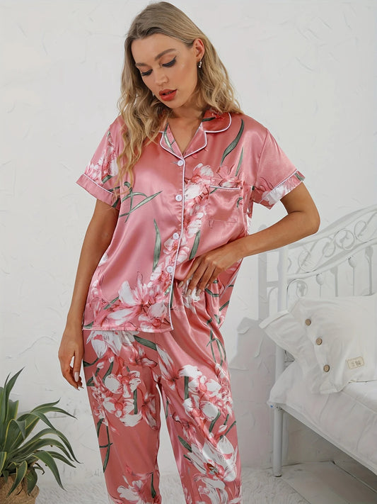 Floral Print Satin Pajama Set Smooth