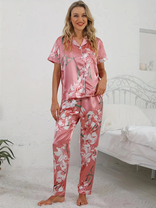 Floral Print Satin Pajama Set Smooth