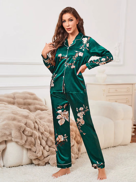 Green Floral Print Satin Pajama luxury